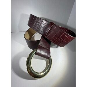Burgundy Croc‑Embossed Wide Leather Statement Belt Gold Ring Buckle Women's 2X